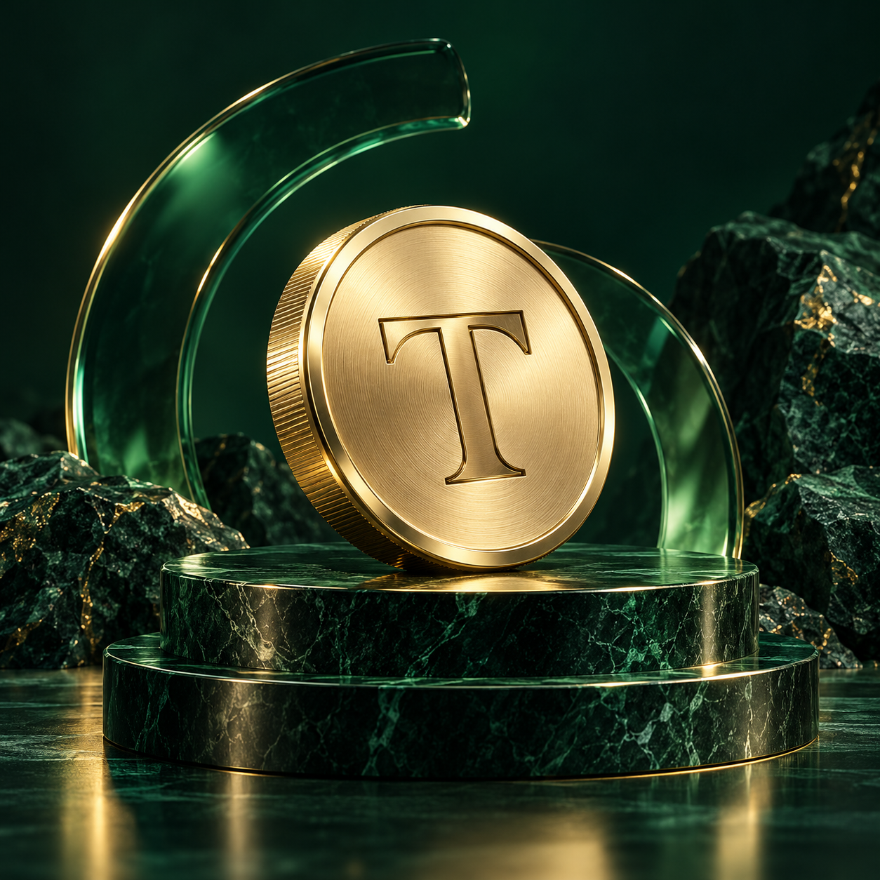 Sculptural gold Tejoracoin emblem on emerald stone